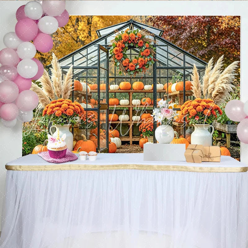 Capture Autumn Pumpkin Greenhouse Backdrop for Fall Portrait Rustic Orange Flower and Pampas Grass Background for Studio