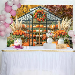 Capture Autumn Pumpkin Greenhouse Backdrop for Fall Portrait Rustic Orange Flower and Pampas Grass Background for Studio