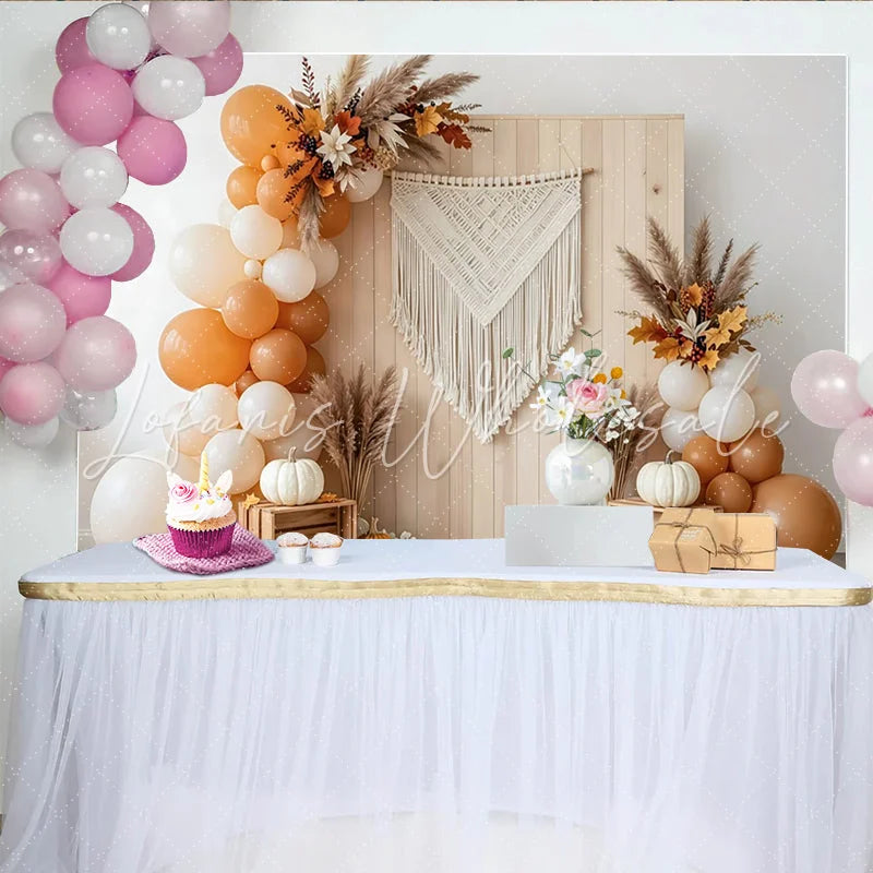 Capture Boho Autumn Backdrop with Pumpkins and Balloons Rustic Wood Wall Background for Thanksgiving Photoshoot