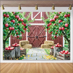 Capture Red Barn Autumn Apple Orchard Backdrop for Portrait Rustic Farmhouse Background with Hay Bales and Crates