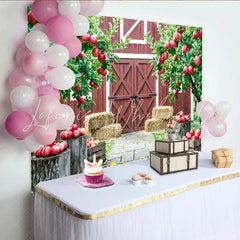 Capture Red Barn Autumn Apple Orchard Backdrop for Portrait Rustic Farmhouse Background with Hay Bales and Crates