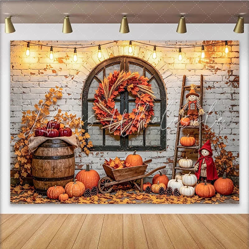 Capture Rustic Autumn Brick Wall Photography Backdrop with Pumpkin Beautiful Fall Maple Wreath Background for Studio Portrait