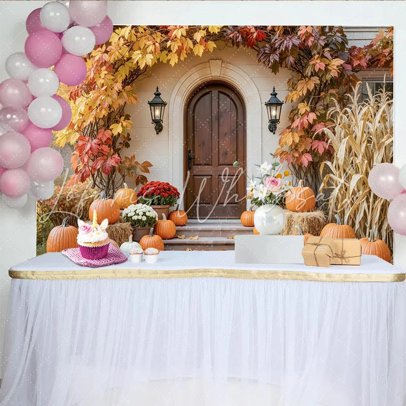 Capture Rustic Autumn Porch Backdrop with Pumpkins and Maple Leaves Cozy Thanksgiving Party Banner for Family Photoshoot