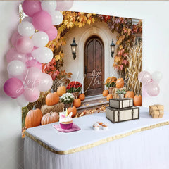 Capture Rustic Autumn Porch Backdrop with Pumpkins and Maple Leaves Cozy Thanksgiving Party Banner for Family Photoshoot