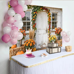 Capture Rustic Autumn Porch Photography Backdrop with Sunflowers Beautiful Fall Pumpkin Background for Studio Portrait