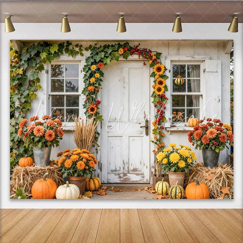 Capture Rustic Autumn Porch Photography Backdrop with Sunflowers Beautiful Fall Pumpkin Background for Studio Portrait