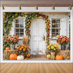 Capture Rustic Autumn Porch Photography Backdrop with Sunflowers Beautiful Fall Pumpkin Background for Studio Portrait