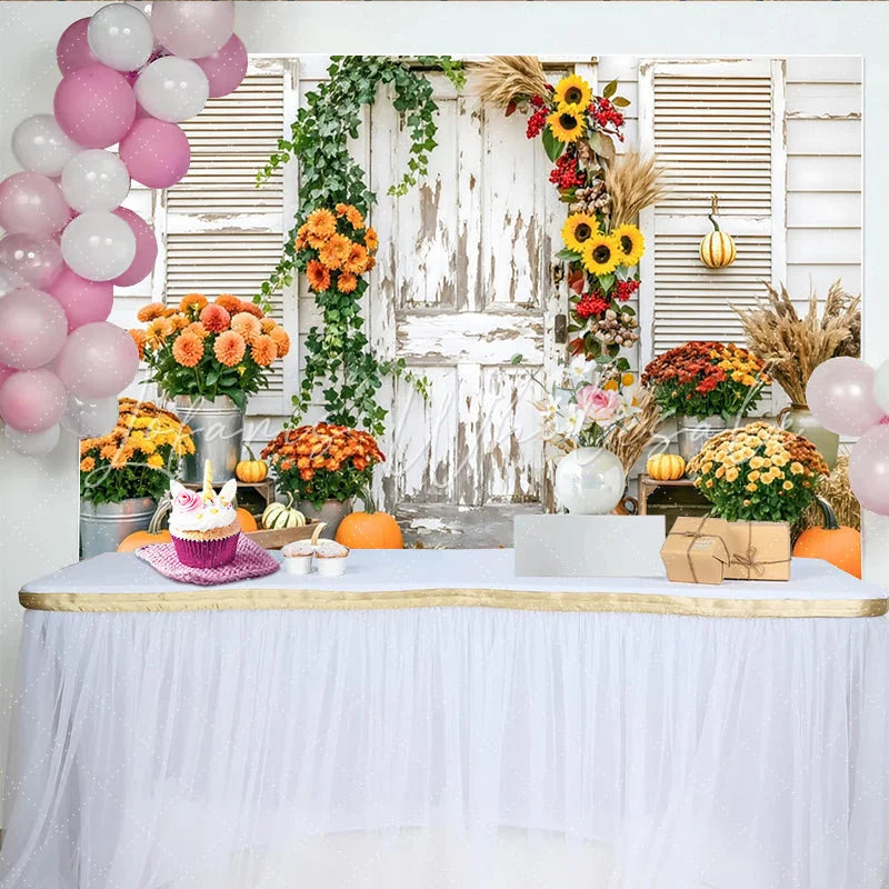Capture Rustic Fall Door Autumn Photography Backdrop for Portrait Beautiful Pumpkin and Sunflower Background for Studio Photo