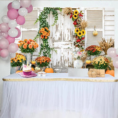 Capture Rustic Fall Door Autumn Photography Backdrop for Portrait Beautiful Pumpkin and Sunflower Background for Studio Photo