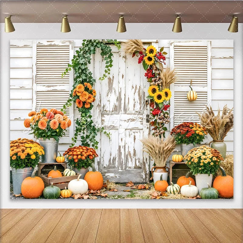 Capture Rustic Fall Door Autumn Photography Backdrop for Portrait Beautiful Pumpkin and Sunflower Background for Studio Photo