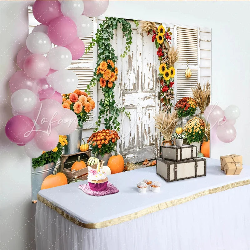 Capture Rustic Fall Door Autumn Photography Backdrop for Portrait Beautiful Pumpkin and Sunflower Background for Studio Photo