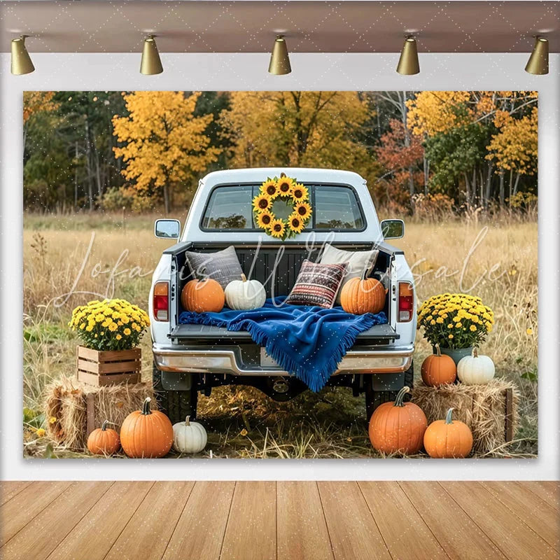 Capture Rustic Fall Pickup Truck Autumn Backdrop with Pumpkins Scenic Sunflower and Hay Bale Decor for Studio Photo Booth
