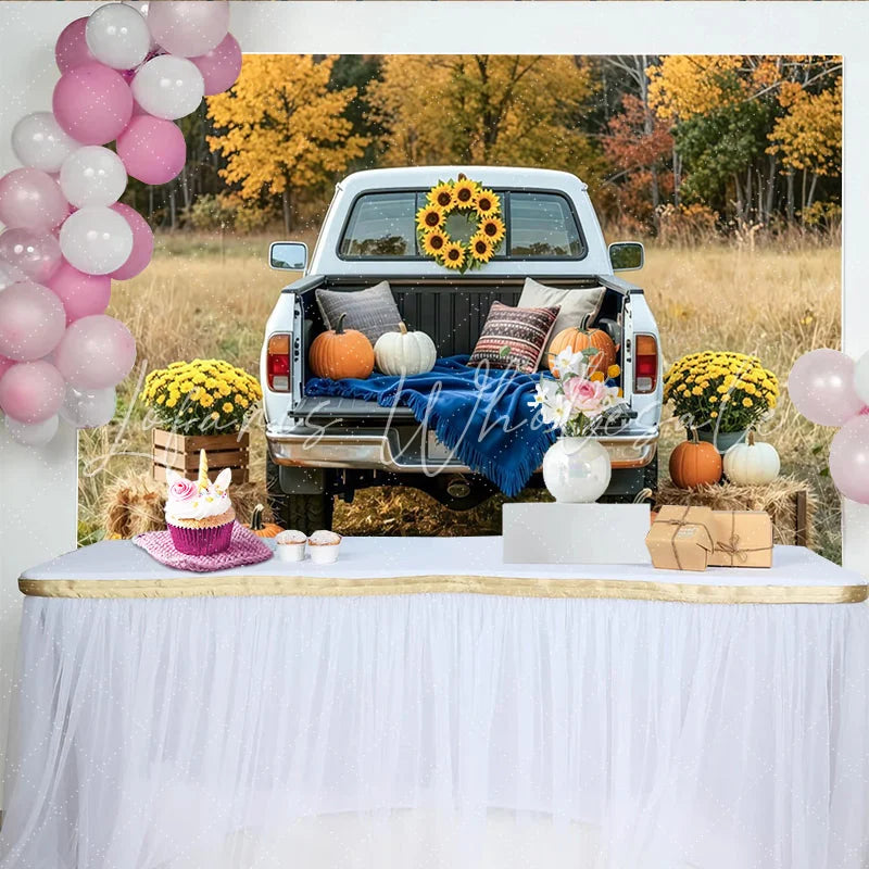 Capture Rustic Fall Pickup Truck Autumn Backdrop with Pumpkins Scenic Sunflower and Hay Bale Decor for Studio Photo Booth