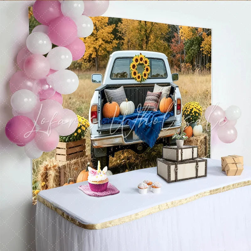 Capture Rustic Fall Pickup Truck Autumn Backdrop with Pumpkins Scenic Sunflower and Hay Bale Decor for Studio Photo Booth