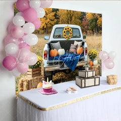 Capture Rustic Fall Pickup Truck Autumn Backdrop with Pumpkins Scenic Sunflower and Hay Bale Decor for Studio Photo Booth