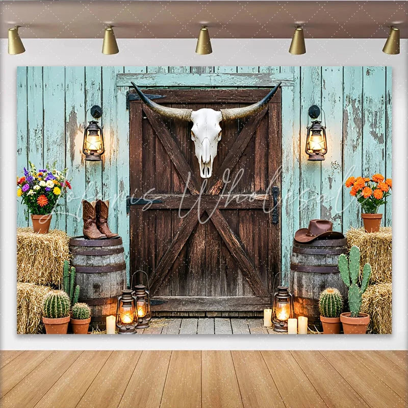 Capture Western Photography Backdrop with Longhorn Skull Rustic Barn Door and Hay Bales Studio Background for Photoshoot