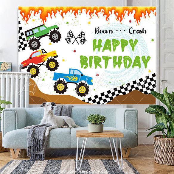 Lofaris Cars Crash Spark Tyre Boy Happy Birthday Backdrop