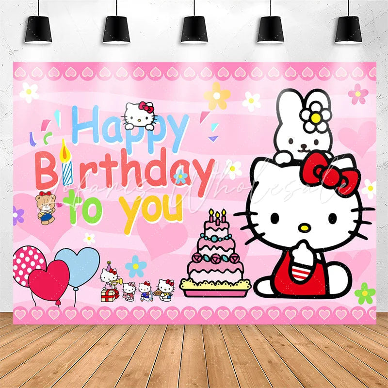Lofaris Cartoon Cat Cake Balloon Happy Birthday Backdrop