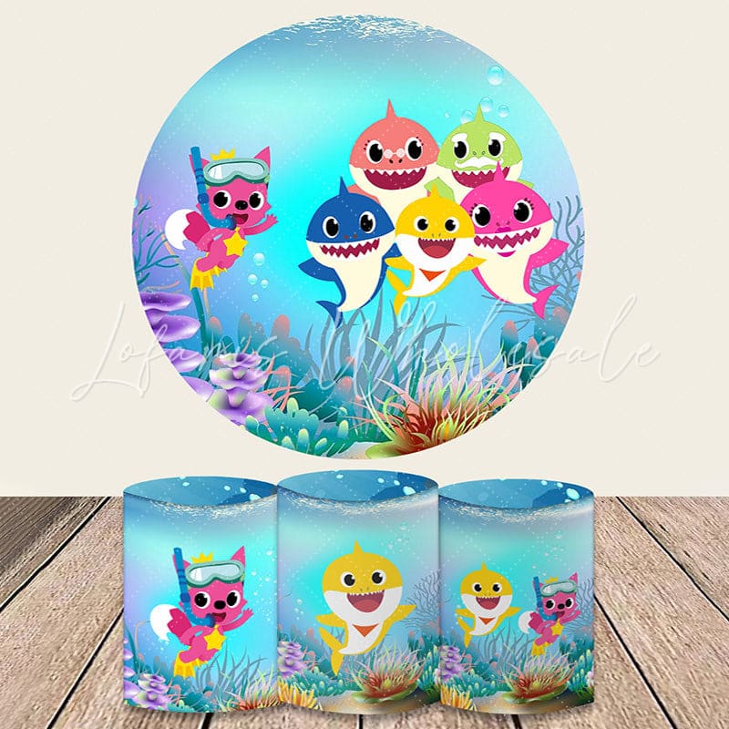 Lofaris Cartoon Cute Little Shark Round Kids Birthday Backdrop Kit
