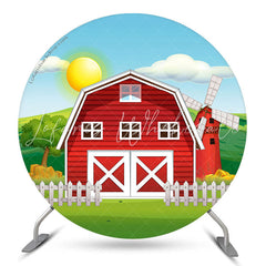 Lofaris Cartoon Farm Red Barn Birthday Party Round Backdrop