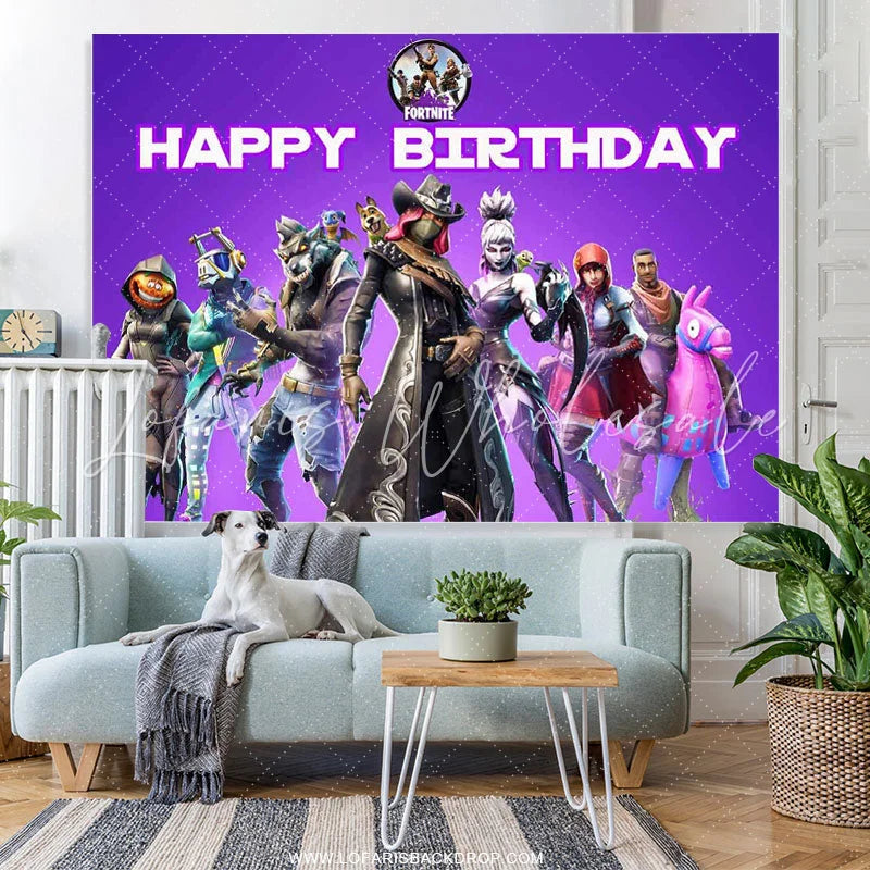 Lofaris Cartoon Game Character Purple Happy Birthday Backdrop