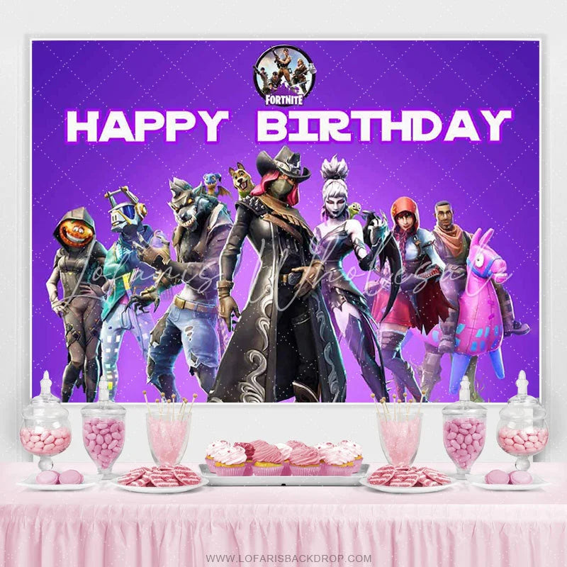 Lofaris Cartoon Game Character Purple Happy Birthday Backdrop