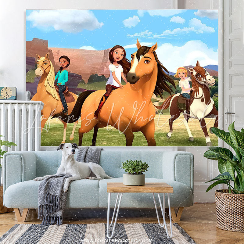 Lofaris Cartoon Girls And Horse Happy Birthday Backdrop Banner