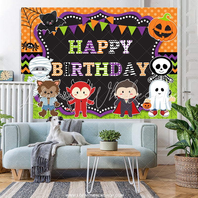 Lofaris Cartoon Halloween Theme Happy Birthday Party Backdrop