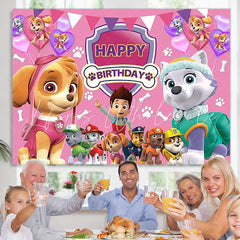 Lofaris Cartoon Little Dogs And Boy Pink Birthday Backdrop
