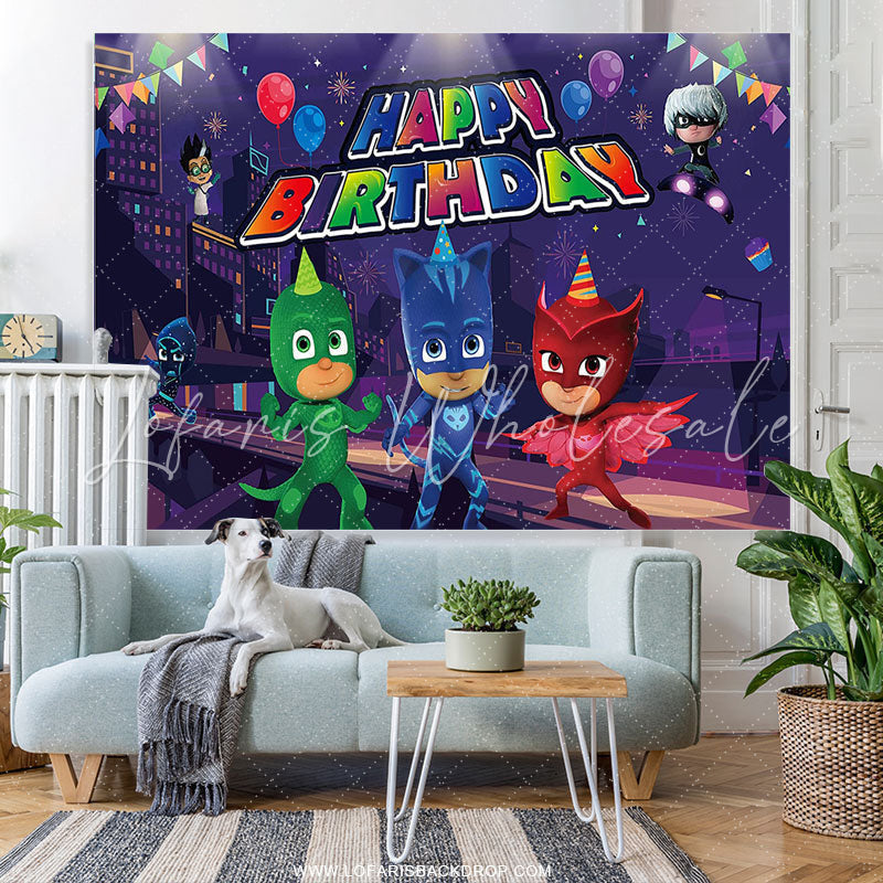 Lofaris Cartoon Mask Superhero City Happy Birthday Banner Backdrop