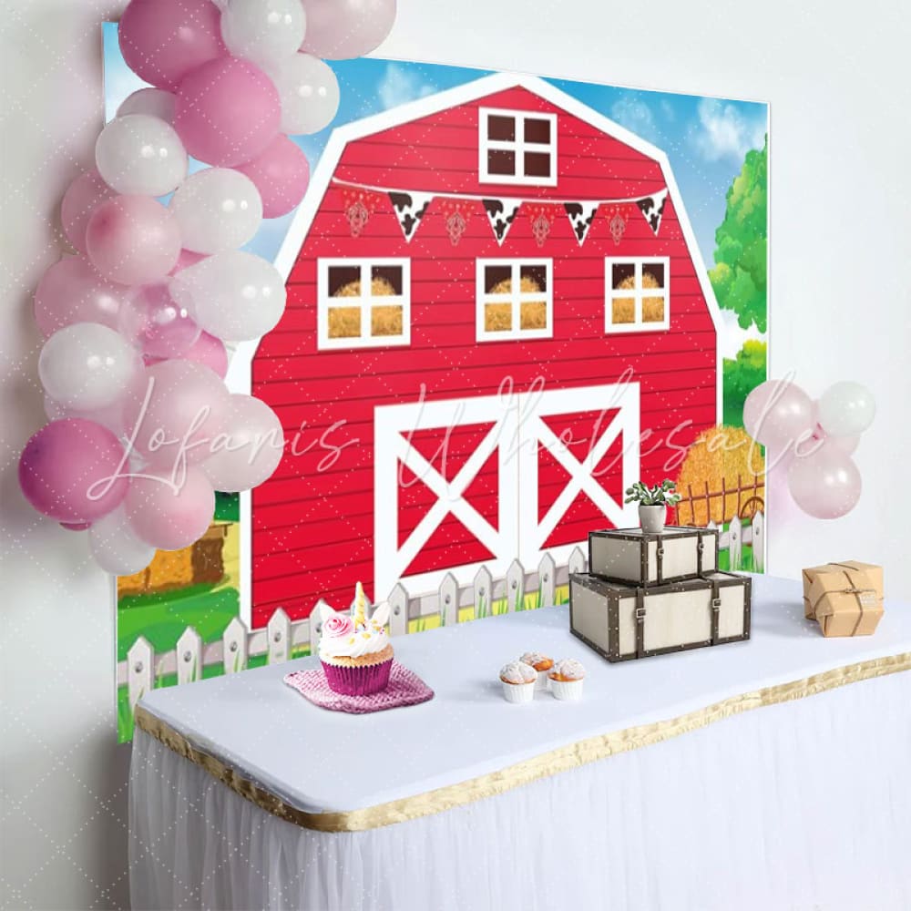 Cartoon Red Farm Barn Door Birthday Party Backdrop For Children