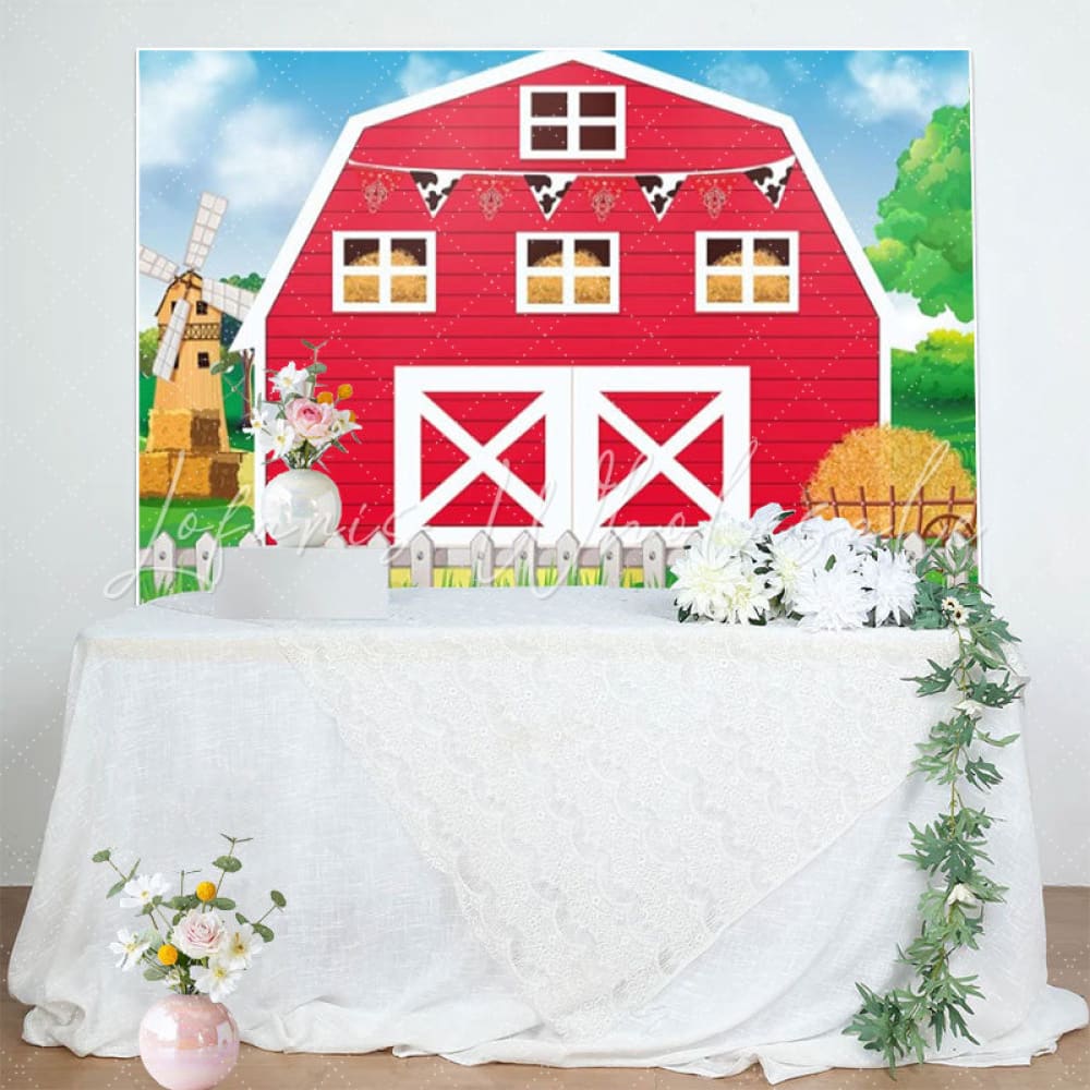 Cartoon Red Farm Barn Door Birthday Party Backdrop For Children