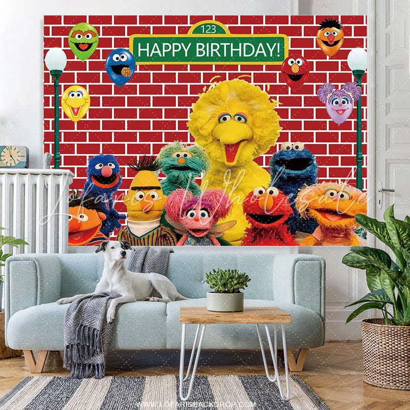 Lofaris Cartoon Street Red Brick Wall Happy Birthday Backdrop For Kids