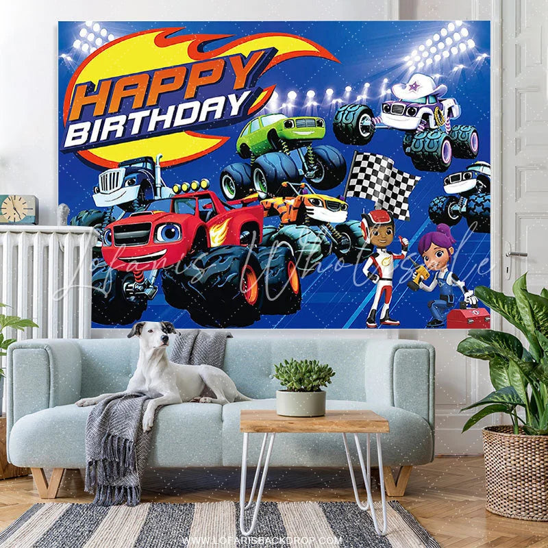 Lofaris Cartoon Super Racing Cars Theme Happy Birthday Backdrop