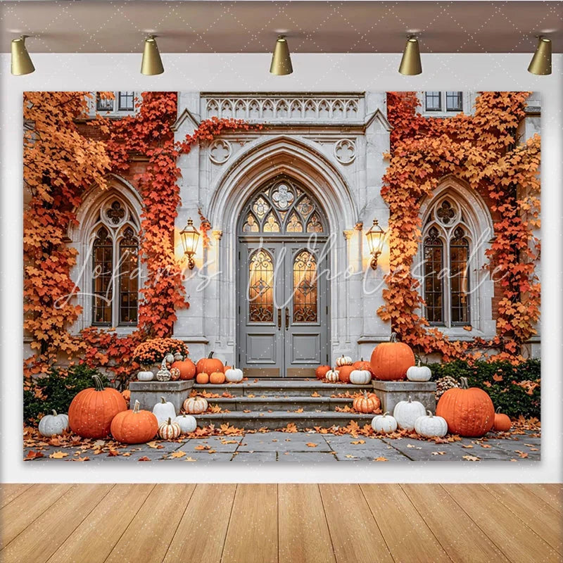 Celebrate Autumn Backdrop with Pumpkins and Vintage Stone Door Rustic Fall Maple Leaves Background for Thanksgiving Party