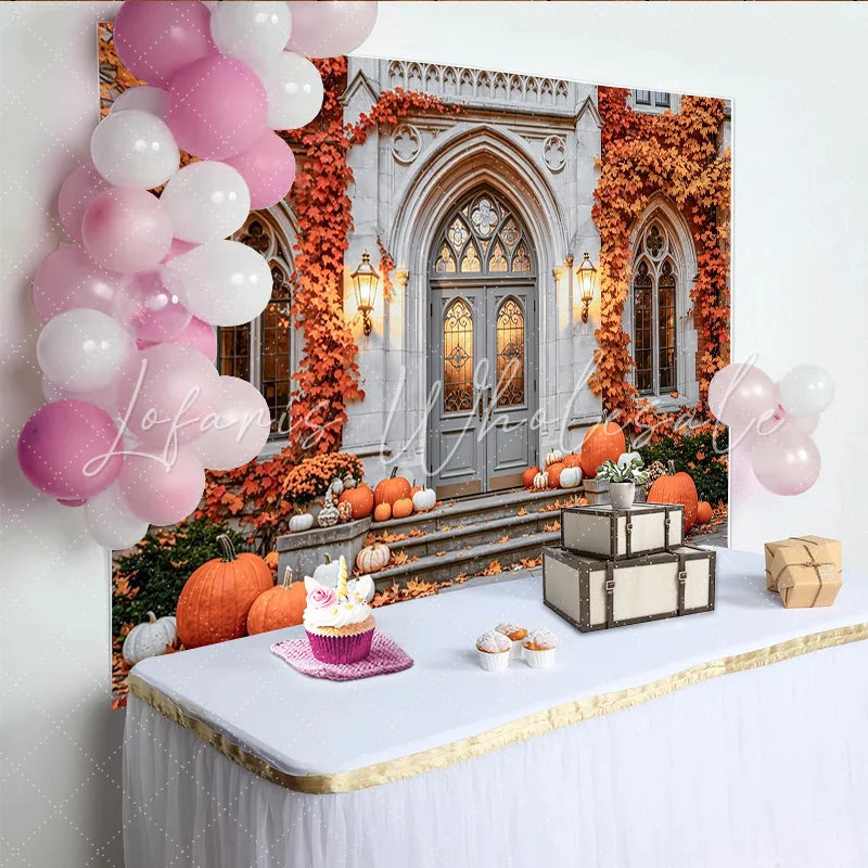 Celebrate Autumn Backdrop with Pumpkins and Vintage Stone Door Rustic Fall Maple Leaves Background for Thanksgiving Party