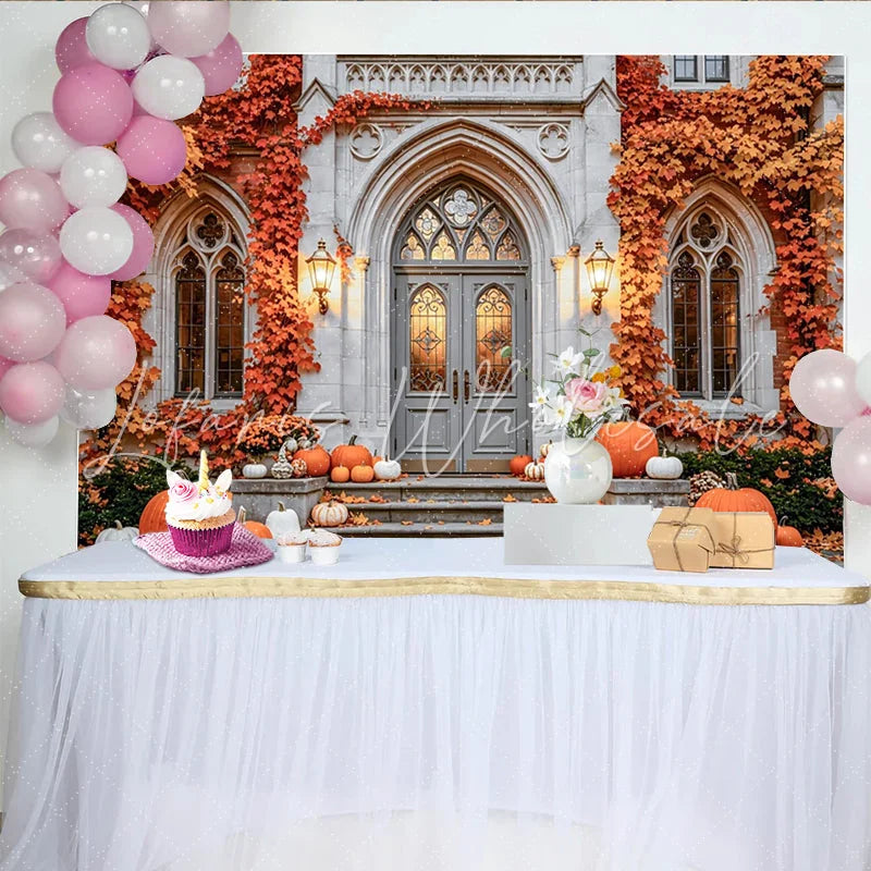 Celebrate Autumn Backdrop with Pumpkins and Vintage Stone Door Rustic Fall Maple Leaves Background for Thanksgiving Party