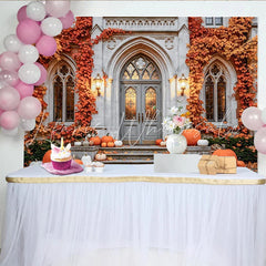 Celebrate Autumn Backdrop with Pumpkins and Vintage Stone Door Rustic Fall Maple Leaves Background for Thanksgiving Party