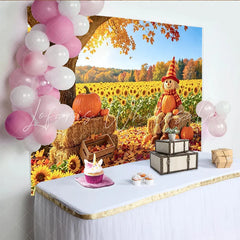 Celebrate Autumn Backdrop with Scarecrow and Pumpkins for Harvest Beautiful Sunflower Field Background for Portrait Photoshoot