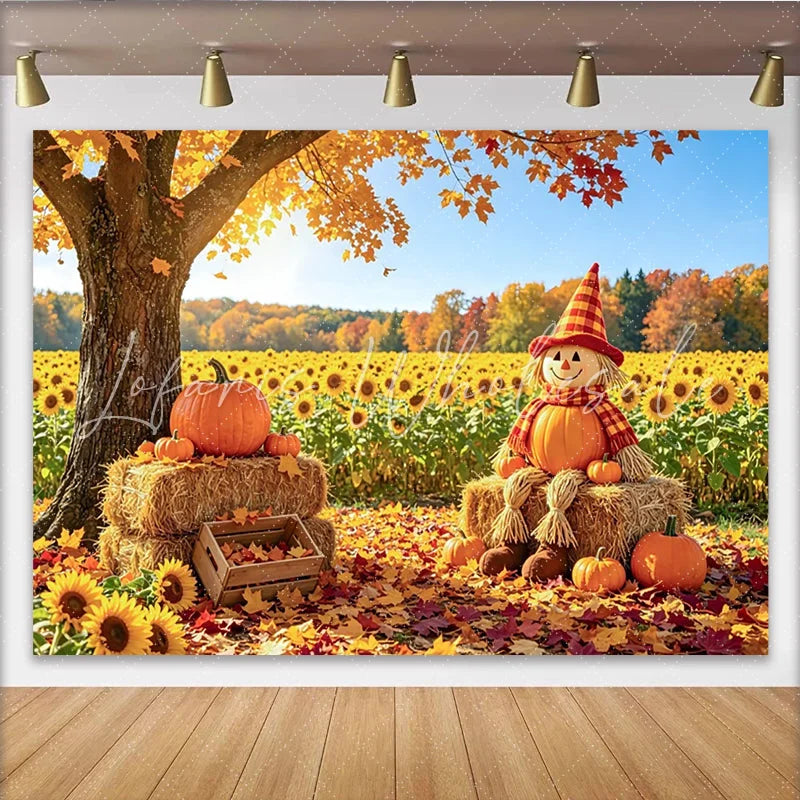 Celebrate Autumn Backdrop with Scarecrow and Pumpkins for Harvest Beautiful Sunflower Field Background for Portrait Photoshoot