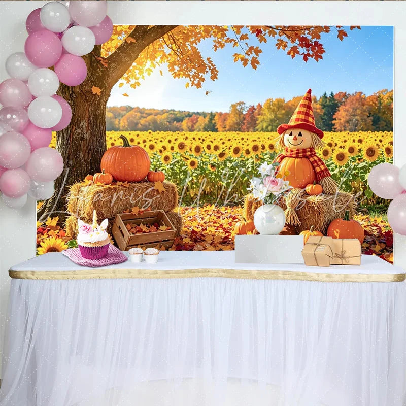 Celebrate Autumn Backdrop with Scarecrow and Pumpkins for Harvest Beautiful Sunflower Field Background for Portrait Photoshoot