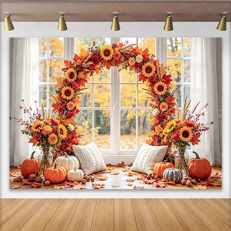 Celebrate Autumn Backdrop with Sunflowers and Pumpkins for Portrait Cozy Window Background for Fall Studio Photoshoot