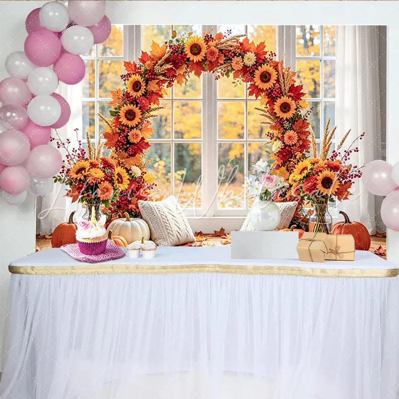Celebrate Autumn Backdrop with Sunflowers and Pumpkins for Portrait Cozy Window Background for Fall Studio Photoshoot