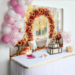 Celebrate Autumn Backdrop with Sunflowers and Pumpkins for Portrait Warm Window Background for Thanksgiving Studio Photoshoot