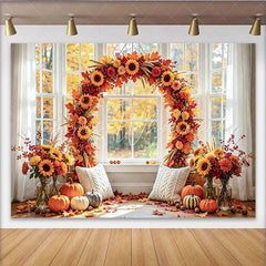 Celebrate Autumn Backdrop with Sunflowers and Pumpkins for Portrait Warm Window Background for Thanksgiving Studio Photoshoot