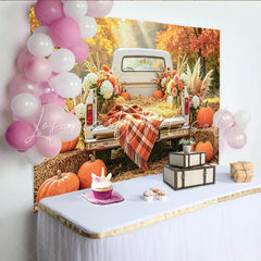 Celebrate Autumn Backdrop with Vintage White Truck and Pumpkins Rustic Fall Harvest Background for Studio Portrait