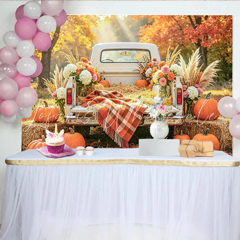 Celebrate Autumn Backdrop with Vintage White Truck and Pumpkins Rustic Fall Harvest Background for Studio Portrait