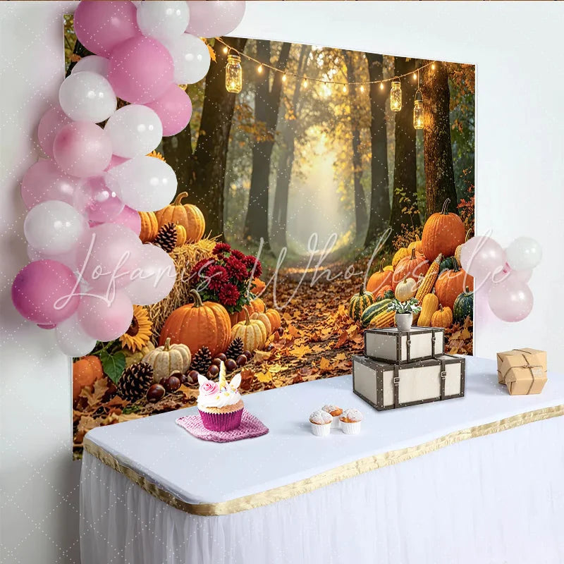 Celebrate Autumn Forest Path Backdrop with Pumpkins and Sunflowers Warm Light Background for Thanksgiving Party Decoration