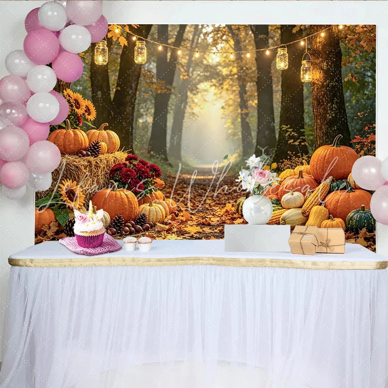 Celebrate Autumn Forest Path Backdrop with Pumpkins and Sunflowers Warm Light Background for Thanksgiving Party Decoration