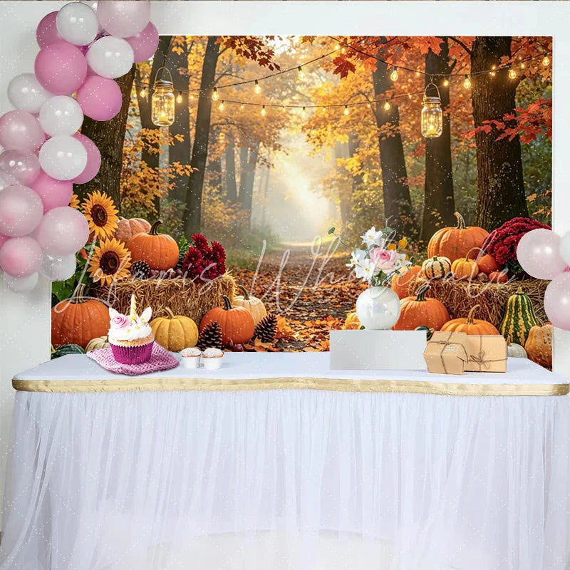Celebrate Autumn Forest Pumpkin Patch Autumn Backdrop for Photoshoot with Warm String Lights and Hay Bales Background for Studio